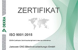 Janssen CNC Blchverarbeitungs GmbH ISO 9001:2015 Zertifizierung Janssen CNC Blchverarbeitungs GmbH ISO 9001:2015 Zertifizierung